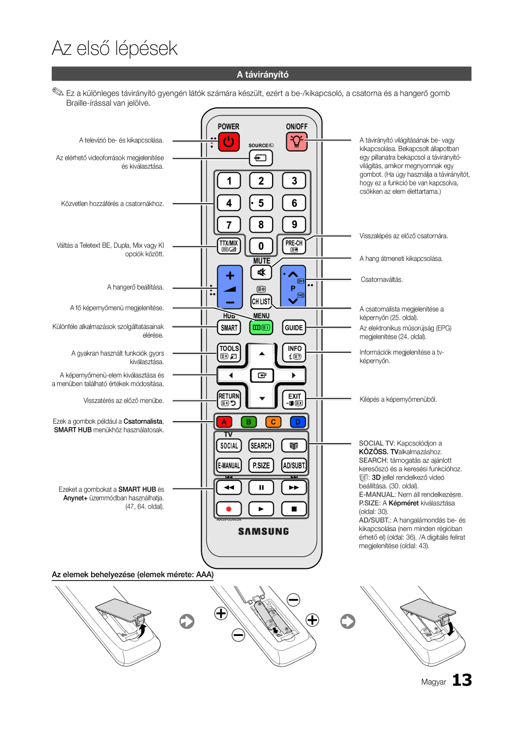 Samsung LT23A750EXL/EN, LT27A950EXL/EN, LT27B750EWV/EN manual Távirányító, Az elemek behelyezése elemek mérete AAA Magyar 