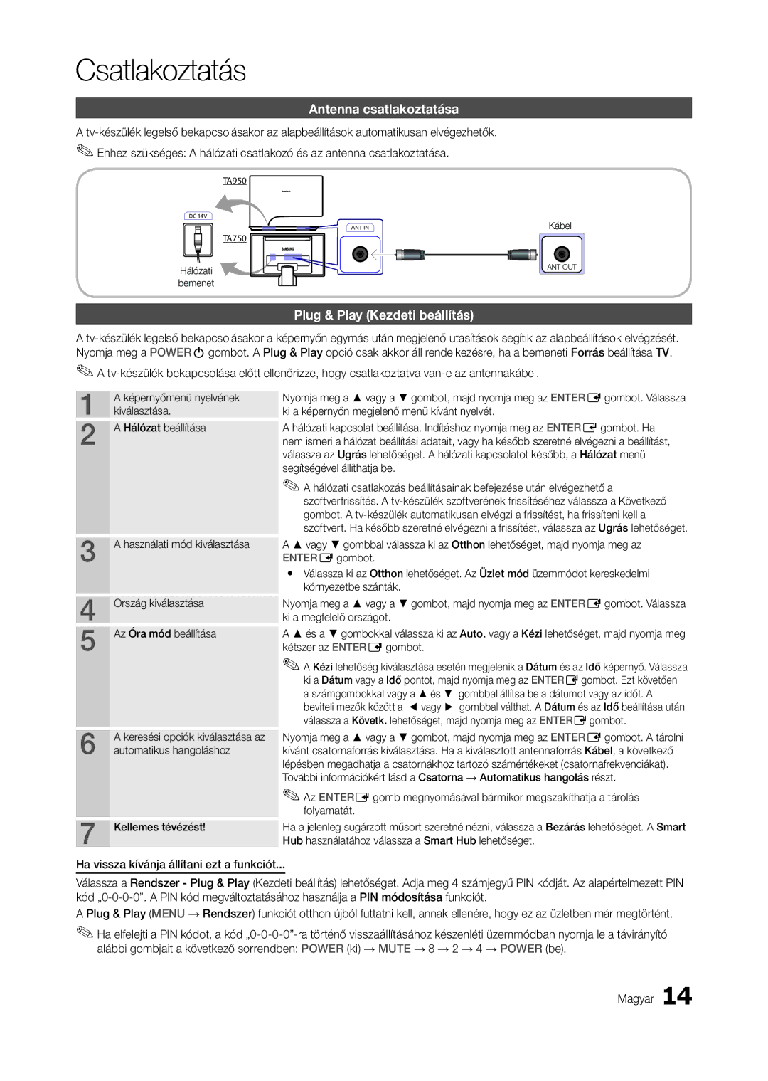 Samsung LT27A950EXL/EN, LT27B750EWV/EN Antenna csatlakoztatása, Plug & Play Kezdeti beállítás, Kábel, Kellemes tévézést 