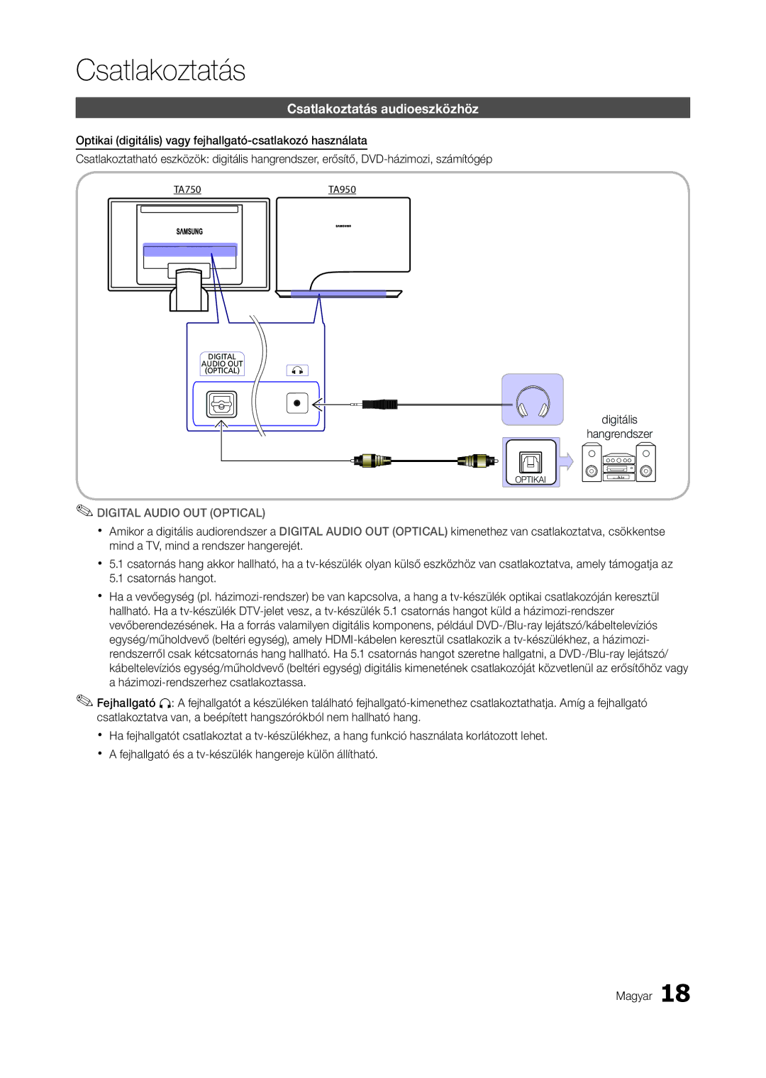 Samsung LT27A950EX/EN, LT27A950EXL/EN, LT27B750EWV/EN manual Csatlakoztatás audioeszközhöz, Digital Audio OUT Optical 