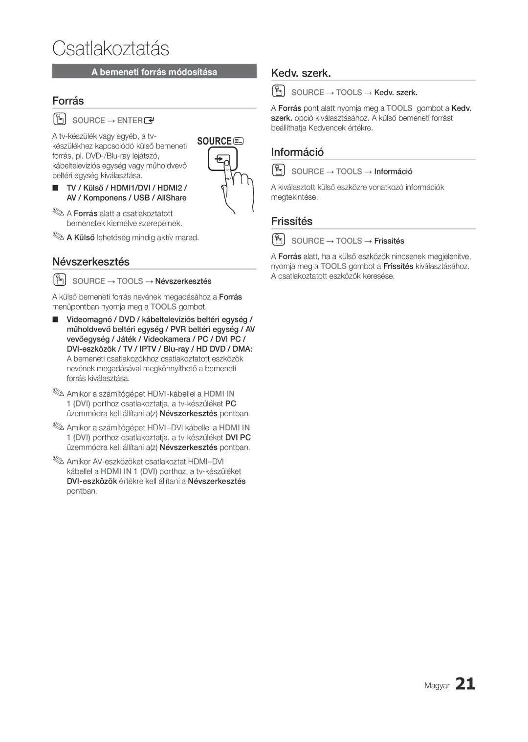 Samsung LT27A950EXL/EN, LT27B750EWV/EN, LT27A750EX/EN manual Forrás, Névszerkesztés, Kedv. szerk, Információ, Frissítés 