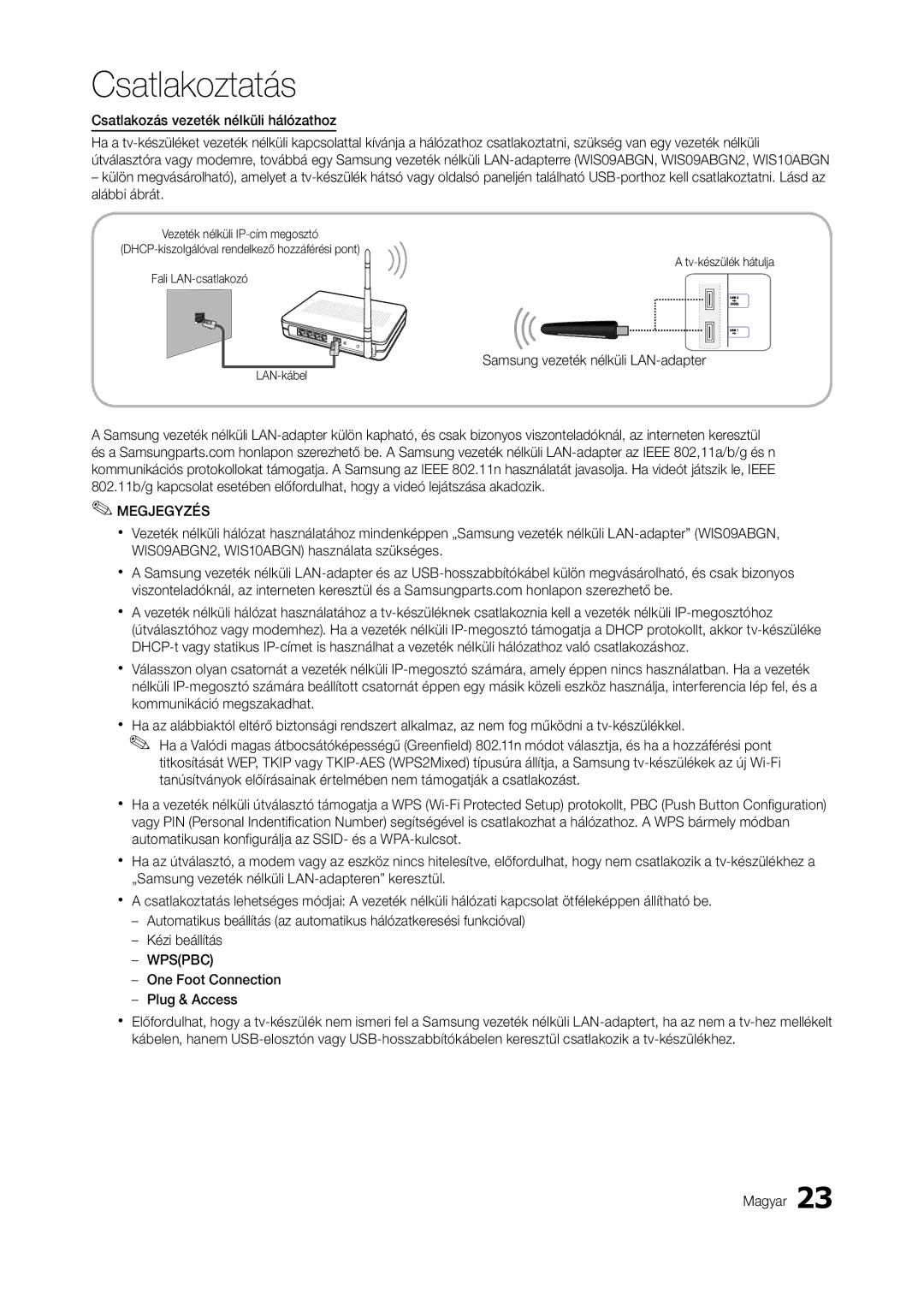 Samsung LT27A750EX/EN, LT27A950EXL/EN manual Csatlakozás vezeték nélküli hálózathoz, Samsung vezeték nélküli LAN-adapter 