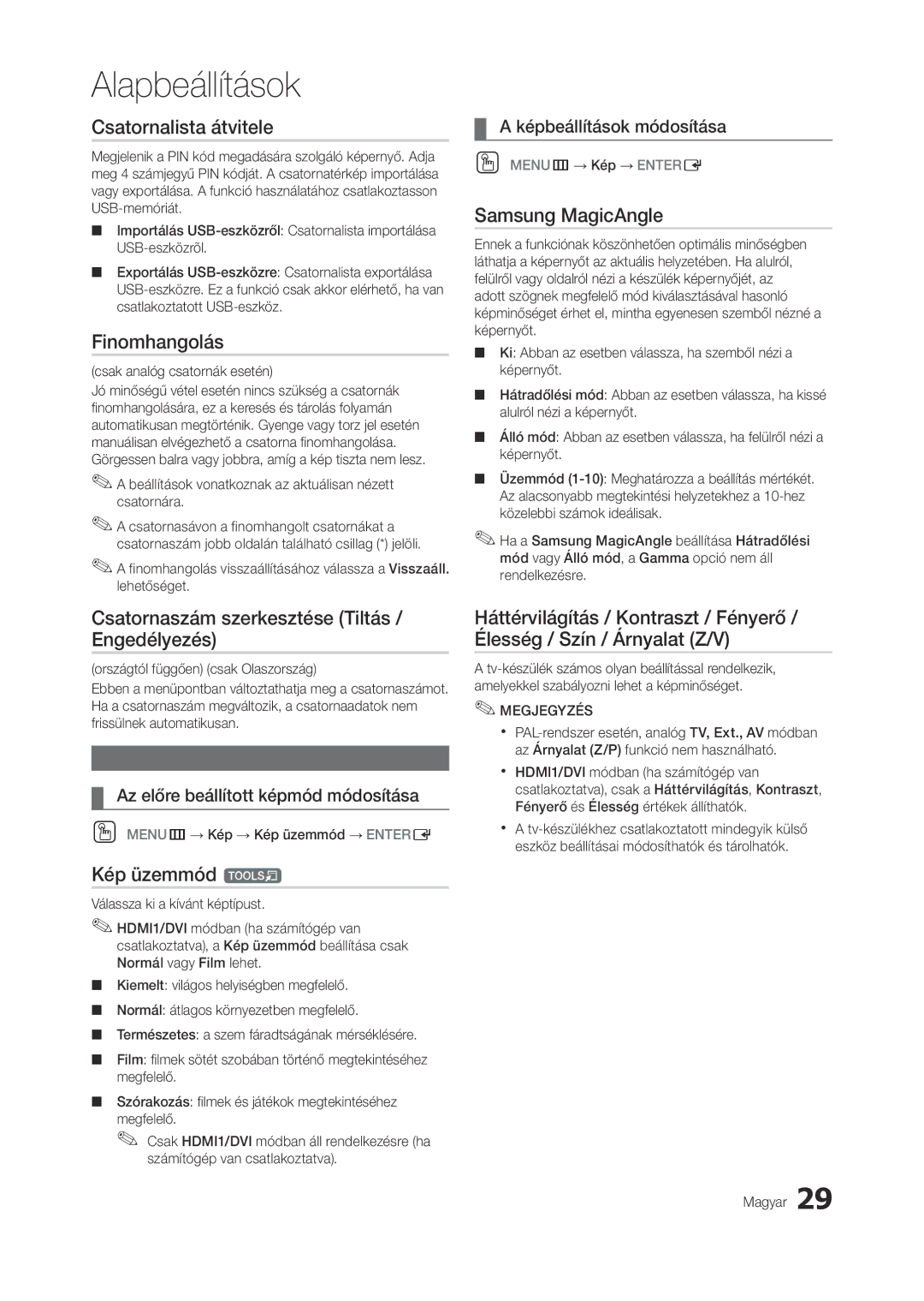 Samsung LT27B750EWV/EN manual Csatornalista átvitele, Finomhangolás, Csatornaszám szerkesztése Tiltás / Engedélyezés 