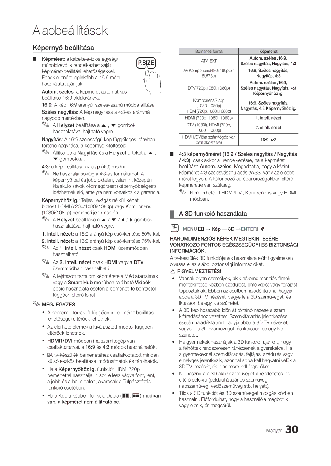 Samsung LT27A750EX/EN, LT27A950EXL/EN manual Képernyő beállítása, 3D funkció használata, Képméret a kábeltelevíziós egység 