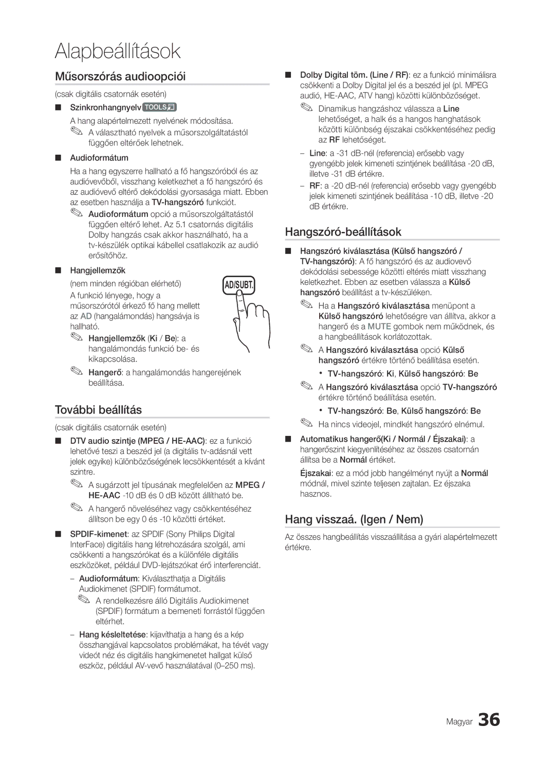 Samsung LT27B750EWV/EN manual Műsorszórás audioopciói, További beállítás, Hangszóró-beállítások, Hang visszaá. Igen / Nem 