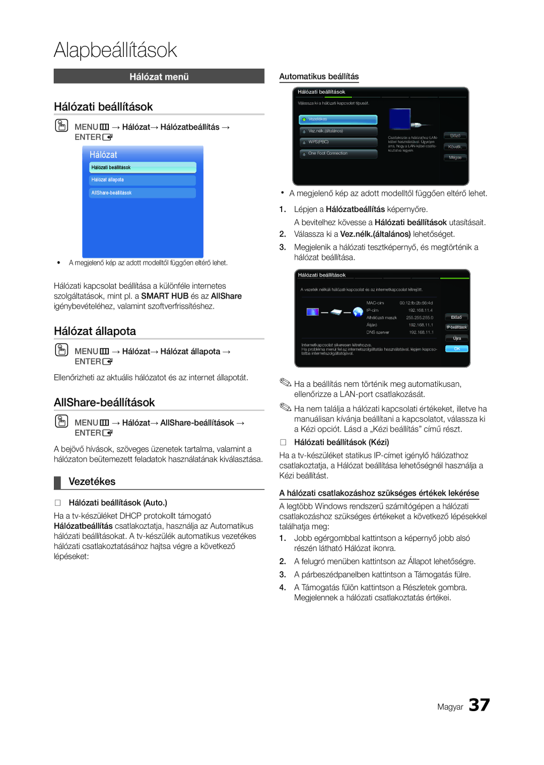 Samsung LT27A750EX/EN, LT23A750EX/EN Hálózati beállítások, Hálózat állapota, AllShare-beállítások, Vezetékes, Hálózat menü 