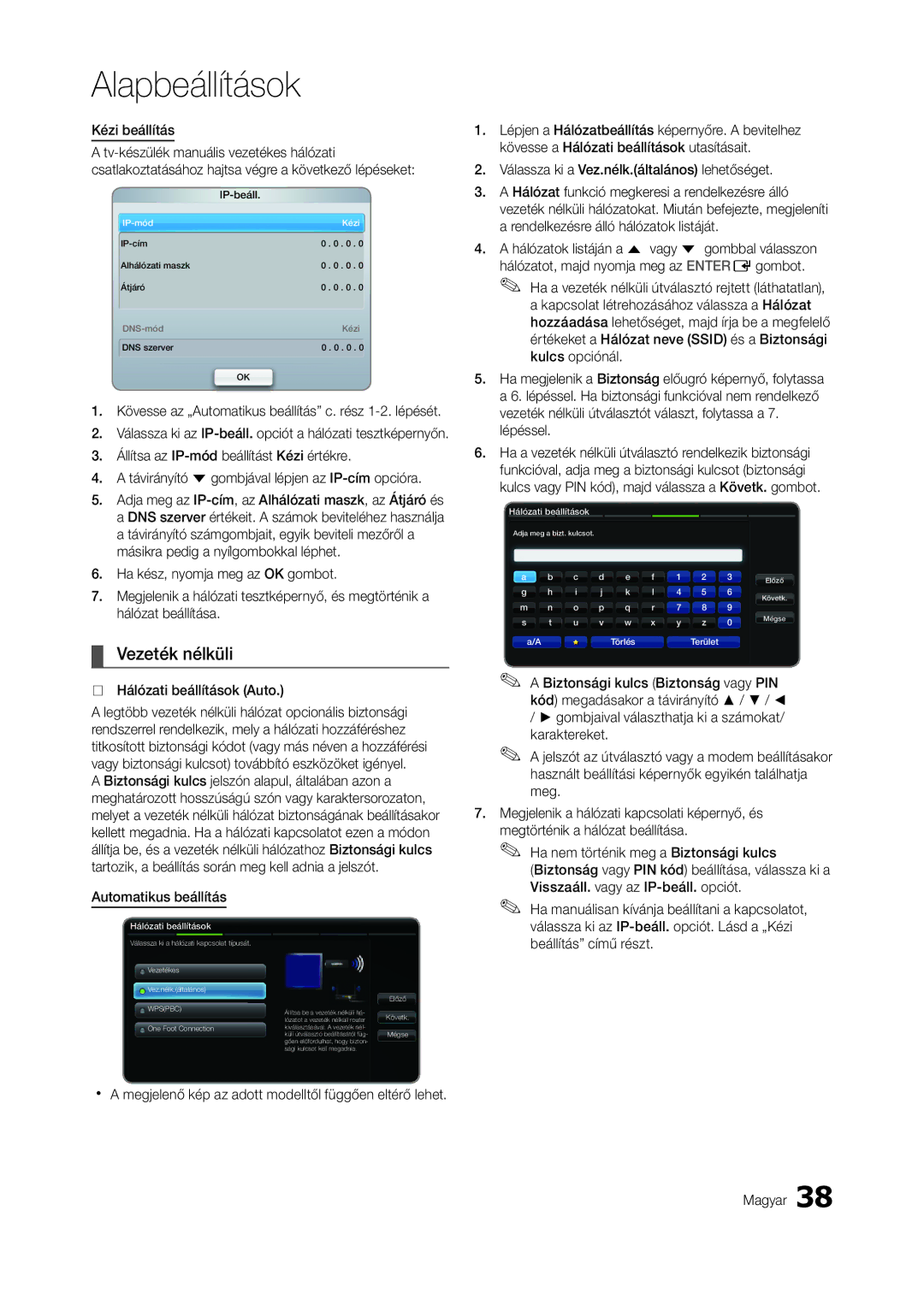 Samsung LT23A750EX/EN, LT27A950EXL/EN manual Vezeték nélküli, Hálózati beállítások Auto, Visszaáll. vagy az IP-beáll. opciót 