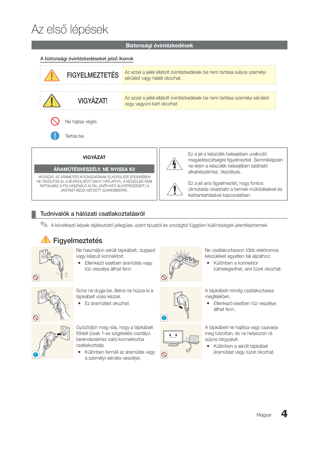 Samsung LT27A950EX/EN, LT27A950EXL/EN manual Vigyázat, Tudnivalók a hálózati csatlakoztatásról, Biztonsági óvintézkedések 