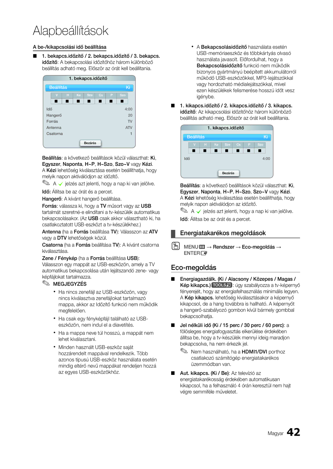 Samsung LT27A950EXL/EN, LT27B750EWV/EN manual Eco-megoldás, Energiatakarékos megoldások, Be-/kikapcsolási idő beállítása 