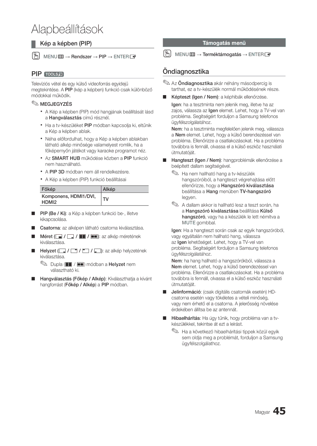 Samsung LT23A750EX/EN, LT27A950EXL/EN, LT27B750EWV/EN, LT27A750EX/EN PIP t, Öndiagnosztika, Kép a képben PIP, Támogatás menü 