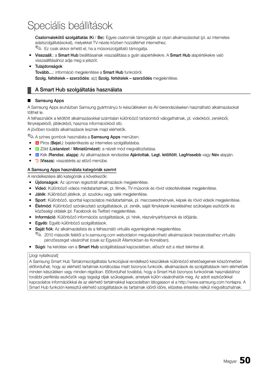 Samsung LT27B750EWV/EN, LT27A950EXL/EN, LT27A750EX/EN, LT23A750EX/EN, LT27A950EX/EN manual Smart Hub szolgáltatás használata 