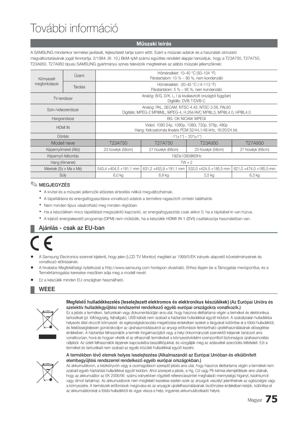 Samsung LT27B750EW/EN manual Ajánlás csak az EU-ban, Műszaki leírás, Üzemi Hőmérséklet 10-40 C 50-104 F, Megfontolások 