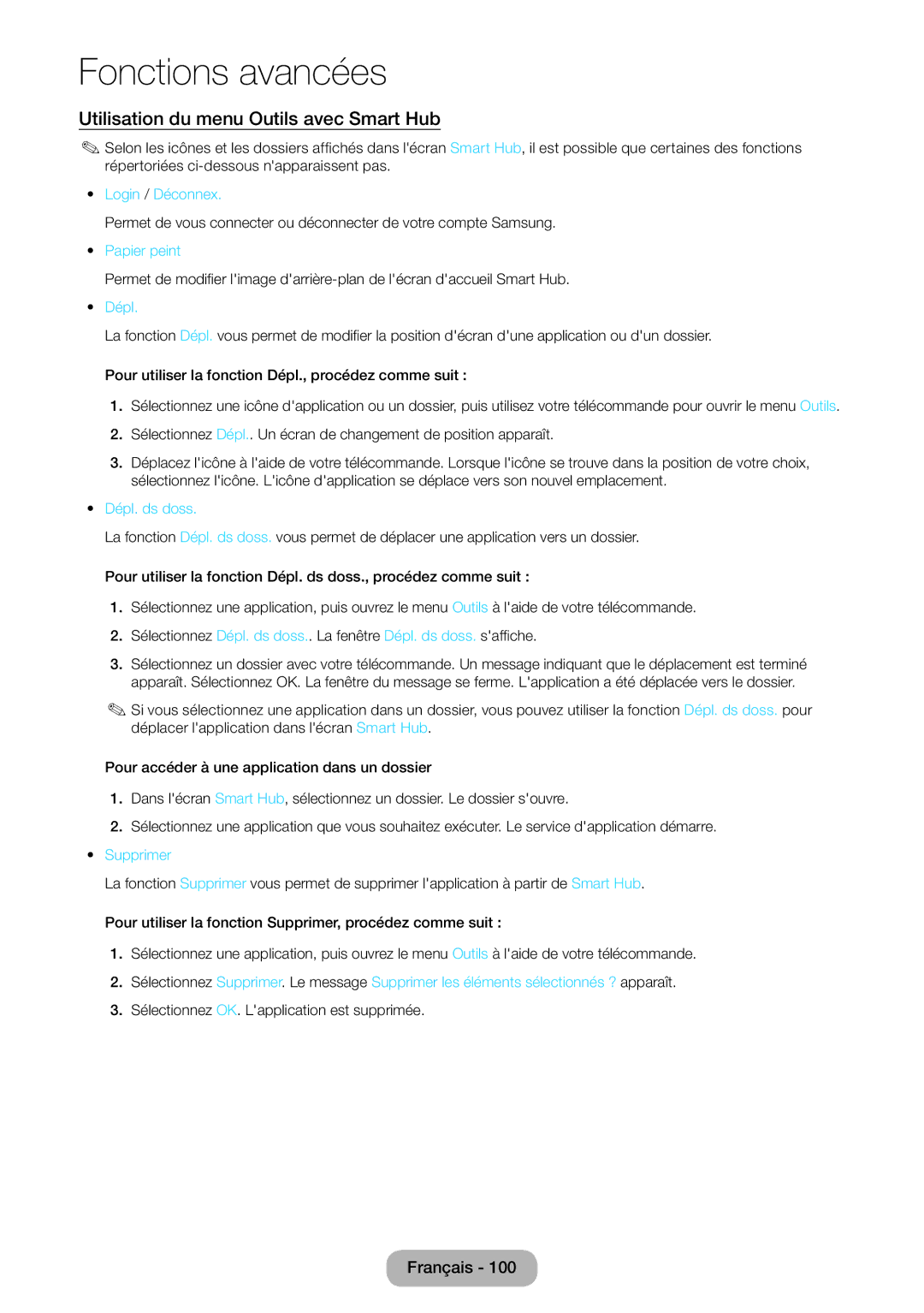 Samsung LT27B550EW/EN, LT23B550EW/EN manual Utilisation du menu Outils avec Smart Hub, Dépl. ds doss 