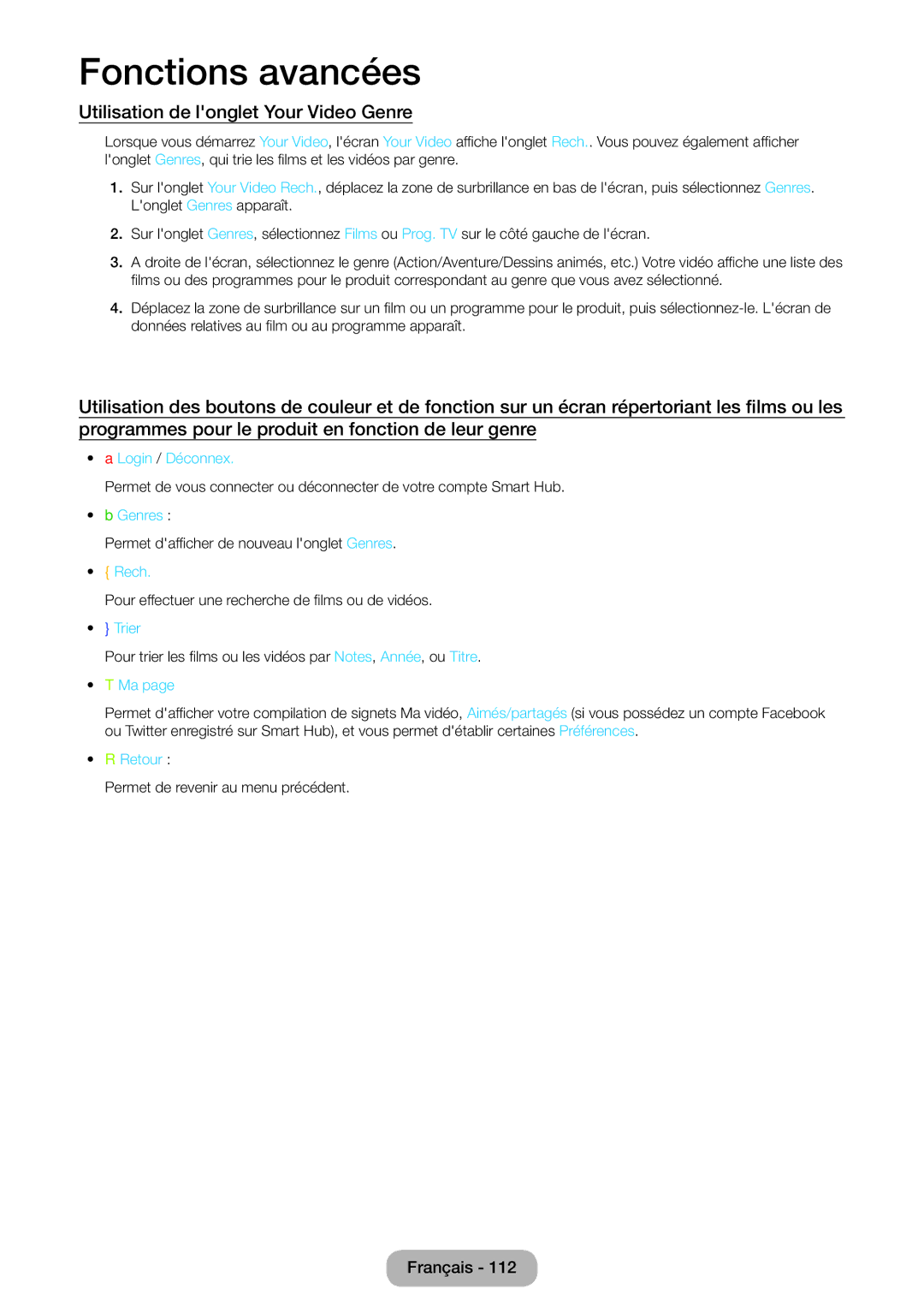 Samsung LT27B550EW/EN manual Utilisation de longlet Your Video Genre, Permet dafficher de nouveau longlet Genres 