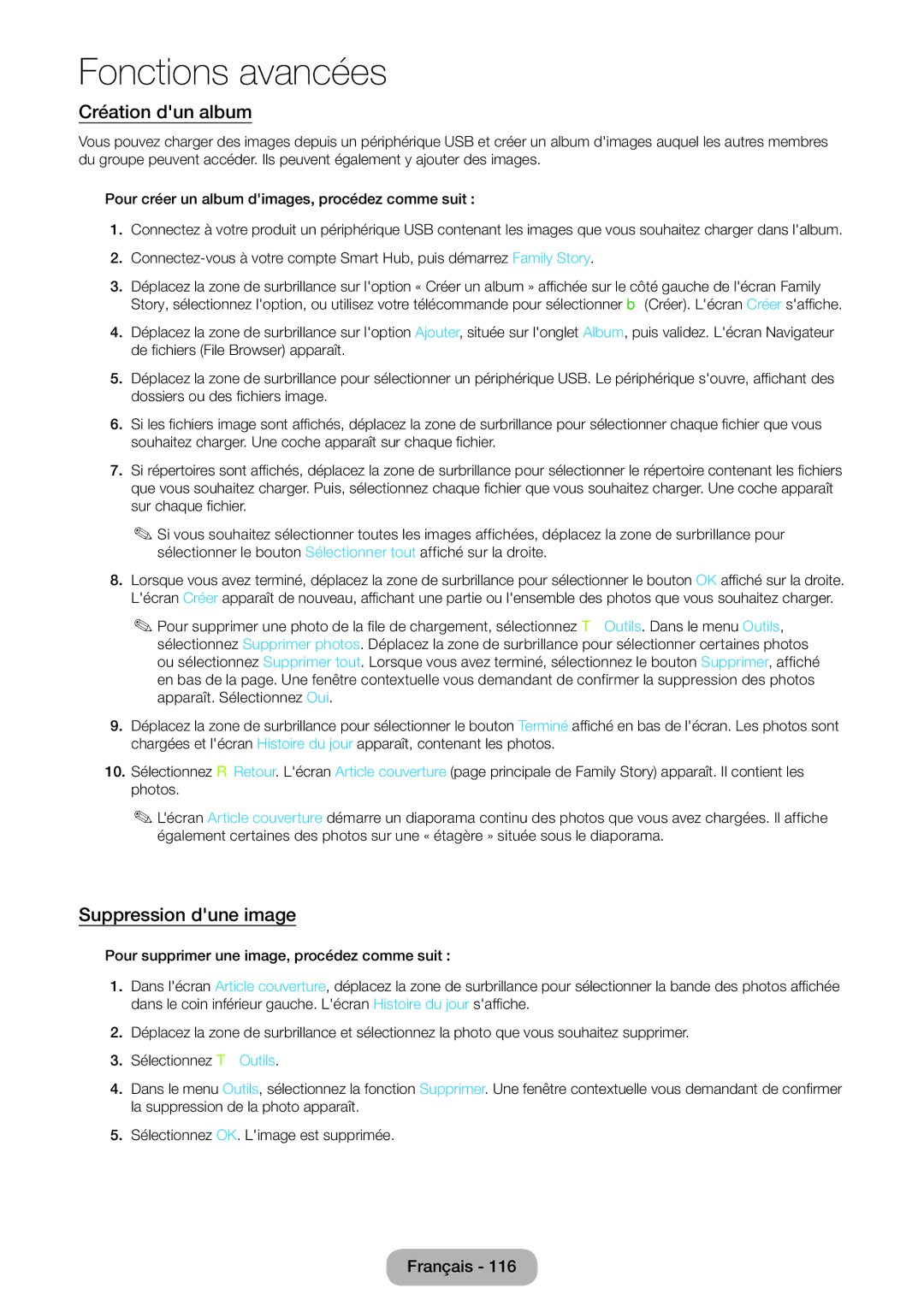 Samsung LT27B550EW/EN, LT23B550EW/EN manual Création dun album, Suppression dune image 