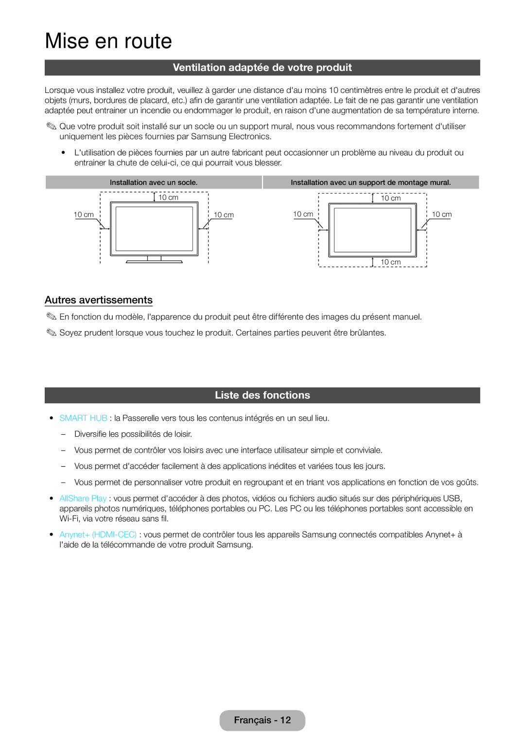 Samsung LT27B550EW/EN, LT23B550EW/EN manual Ventilation adaptée de votre produit, Autres avertissements, Liste des fonctions 