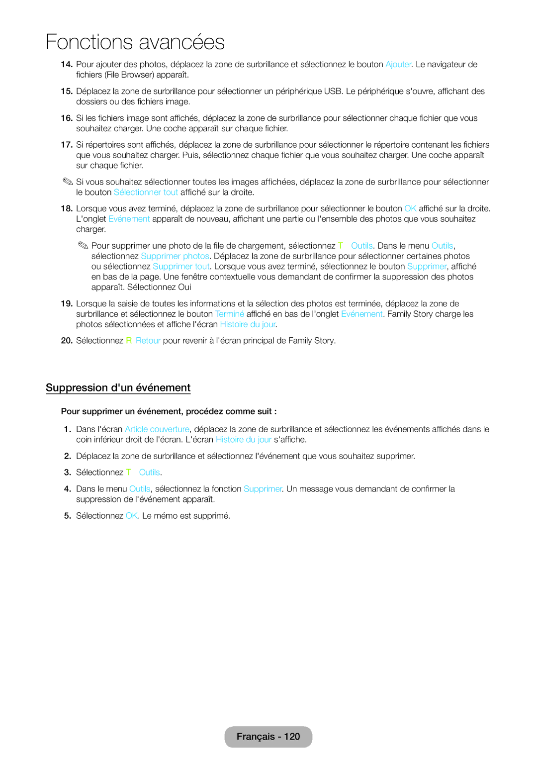 Samsung LT27B550EW/EN, LT23B550EW/EN manual Suppression dun événement 