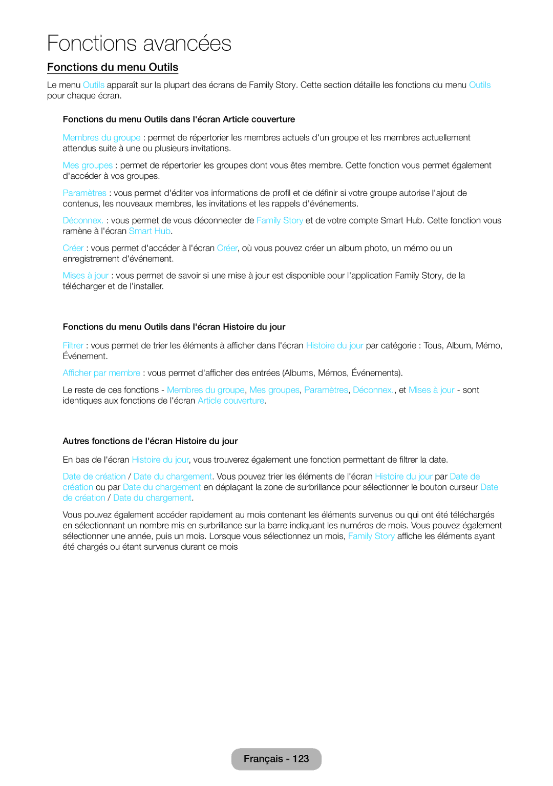 Samsung LT23B550EW/EN, LT27B550EW/EN manual Fonctions du menu Outils 