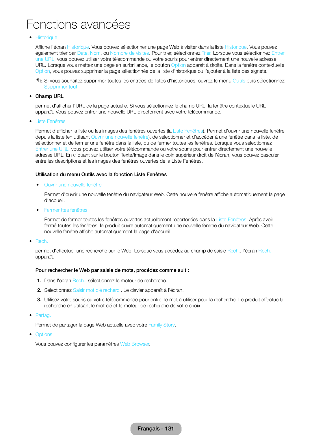 Samsung LT23B550EW/EN manual Historique, Liste Fenêtres, Ouvrir une nouvelle fenêtre, Fermer ttes fenêtres, Partag, Options 