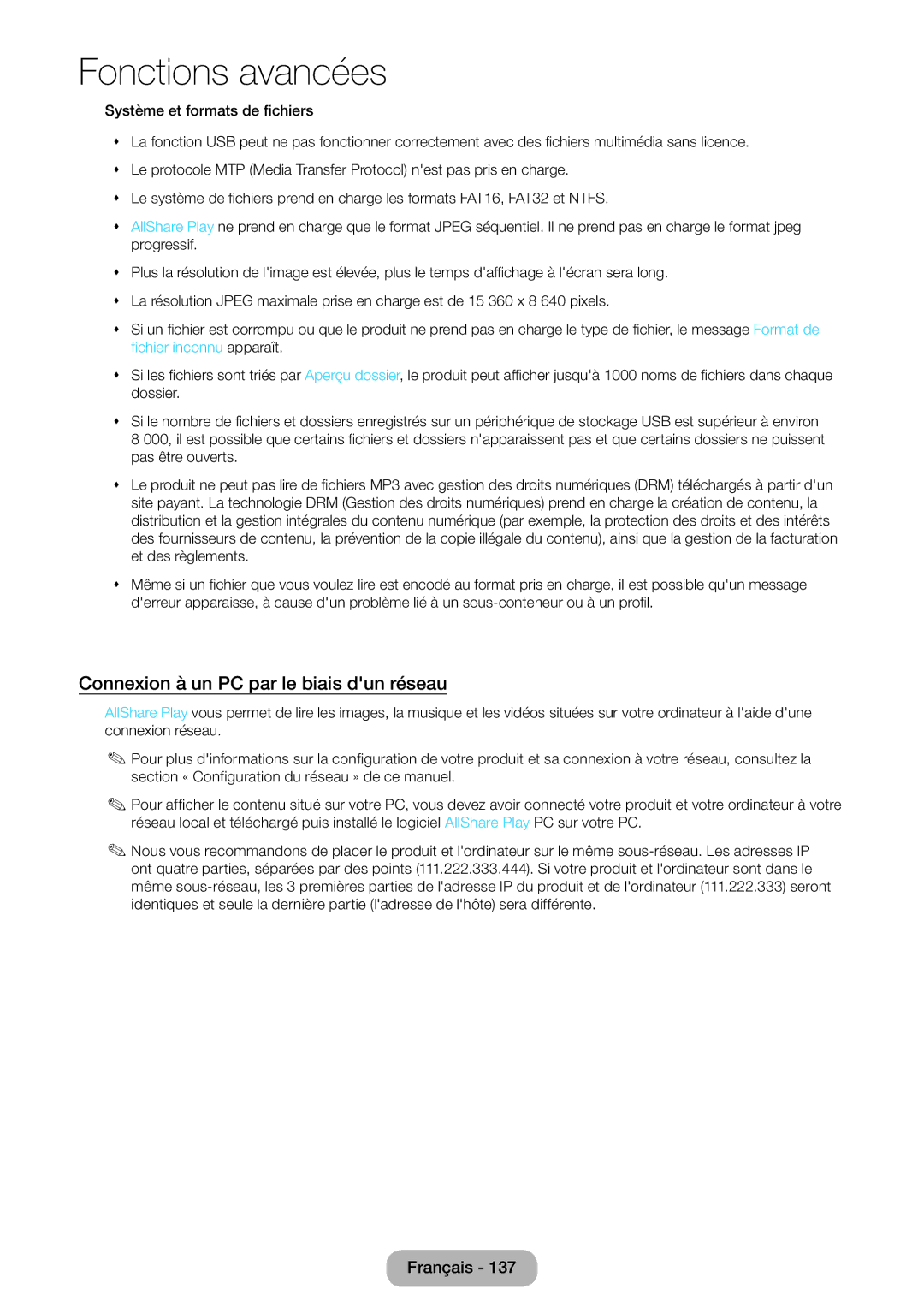 Samsung LT23B550EW/EN, LT27B550EW/EN manual Connexion à un PC par le biais dun réseau, Fichier inconnu apparaît 