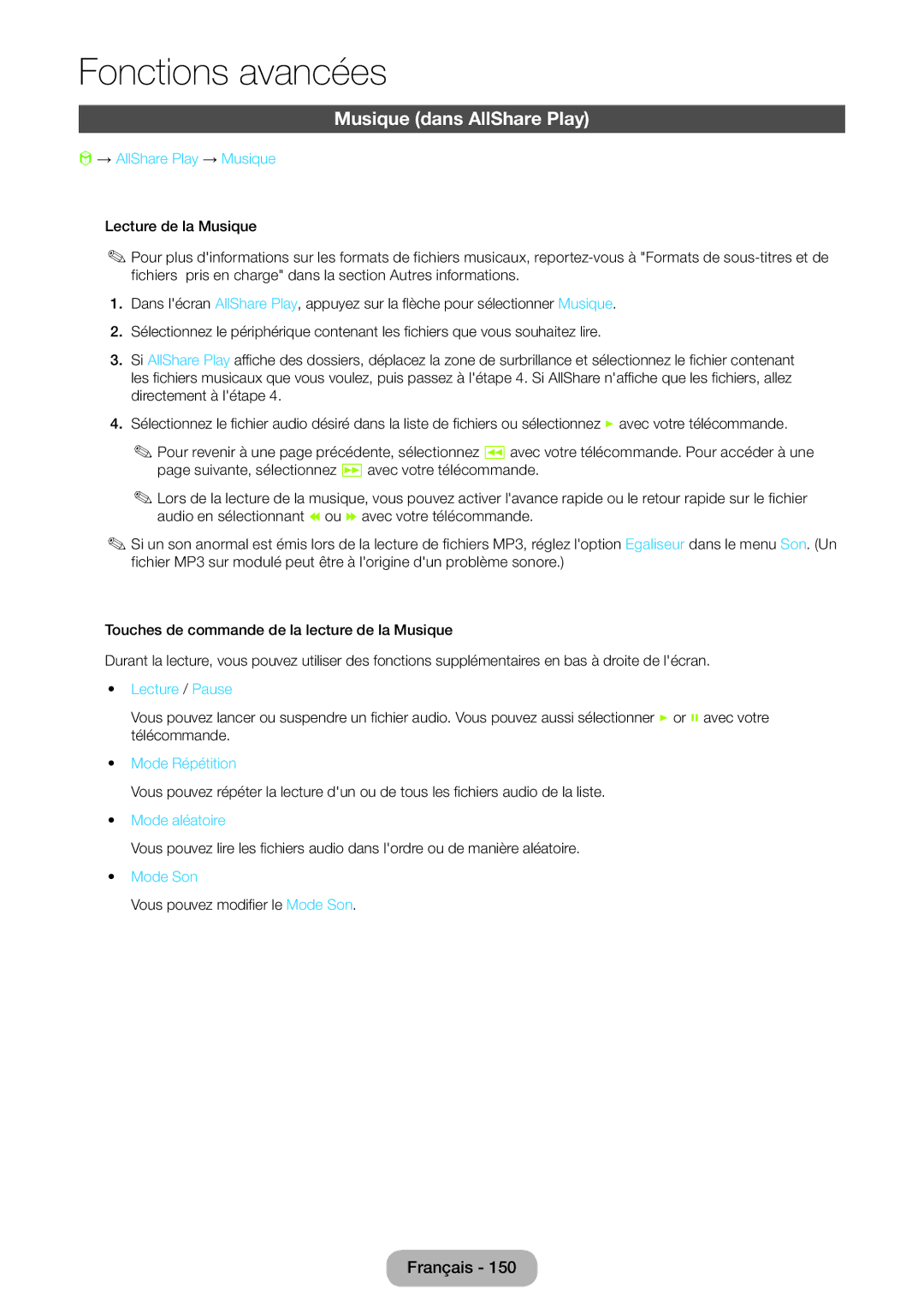 Samsung LT27B550EW/EN manual Musique dans AllShare Play, → AllShare Play → Musique, Lecture / Pause, Mode aléatoire 