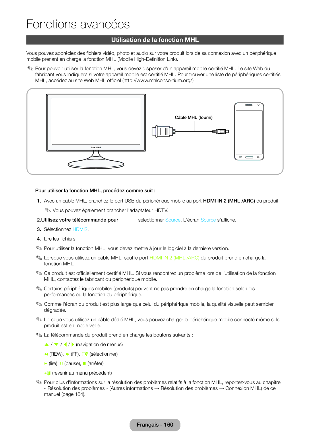 Samsung LT27B550EW/EN, LT23B550EW/EN manual Utilisation de la fonction MHL 