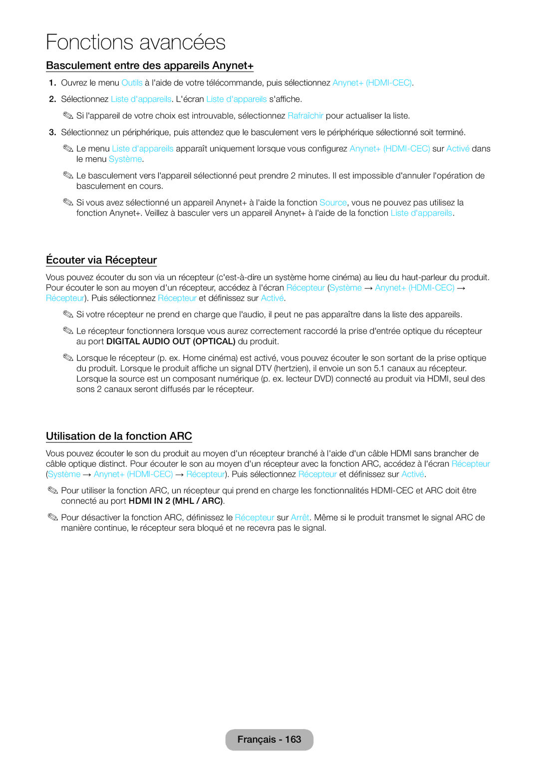 Samsung LT23B550EW/EN manual Basculement entre des appareils Anynet+, Écouter via Récepteur, Utilisation de la fonction ARC 