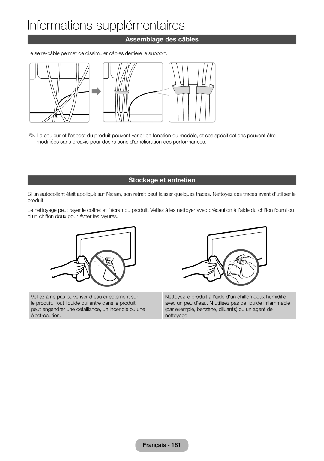 Samsung LT23B550EW/EN, LT27B550EW/EN manual Assemblage des câbles, Stockage et entretien 