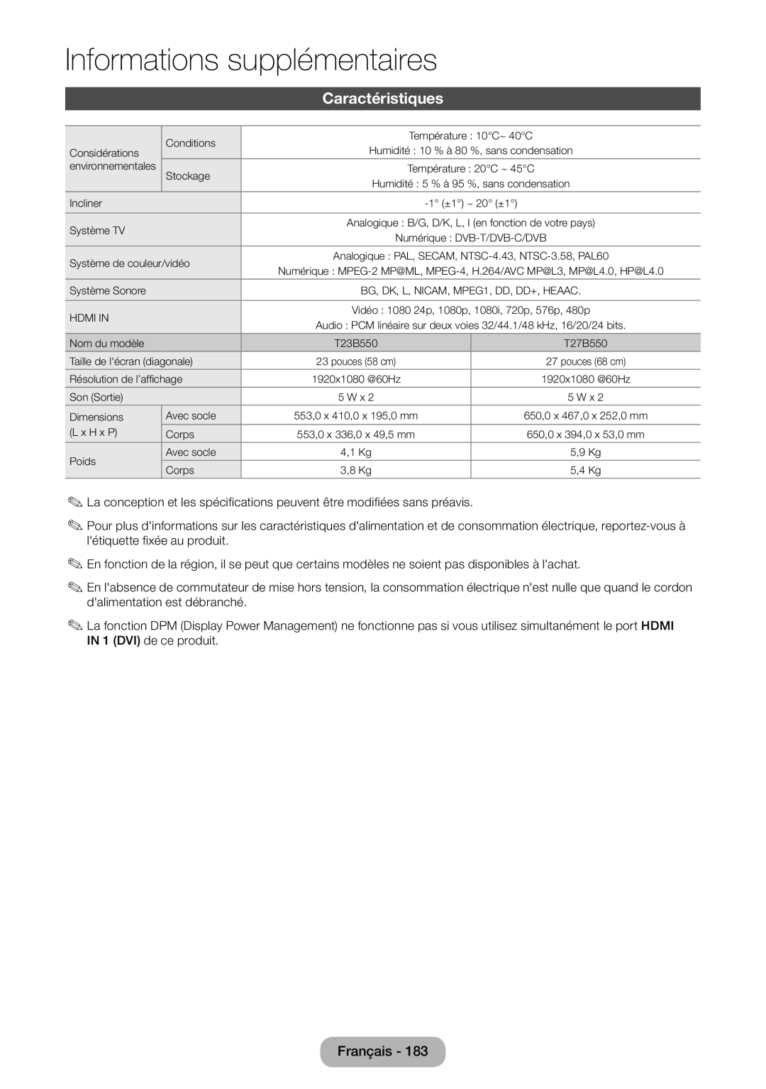 Samsung LT23B550EW/EN, LT27B550EW/EN manual Caractéristiques, Système de couleur/vidéo 