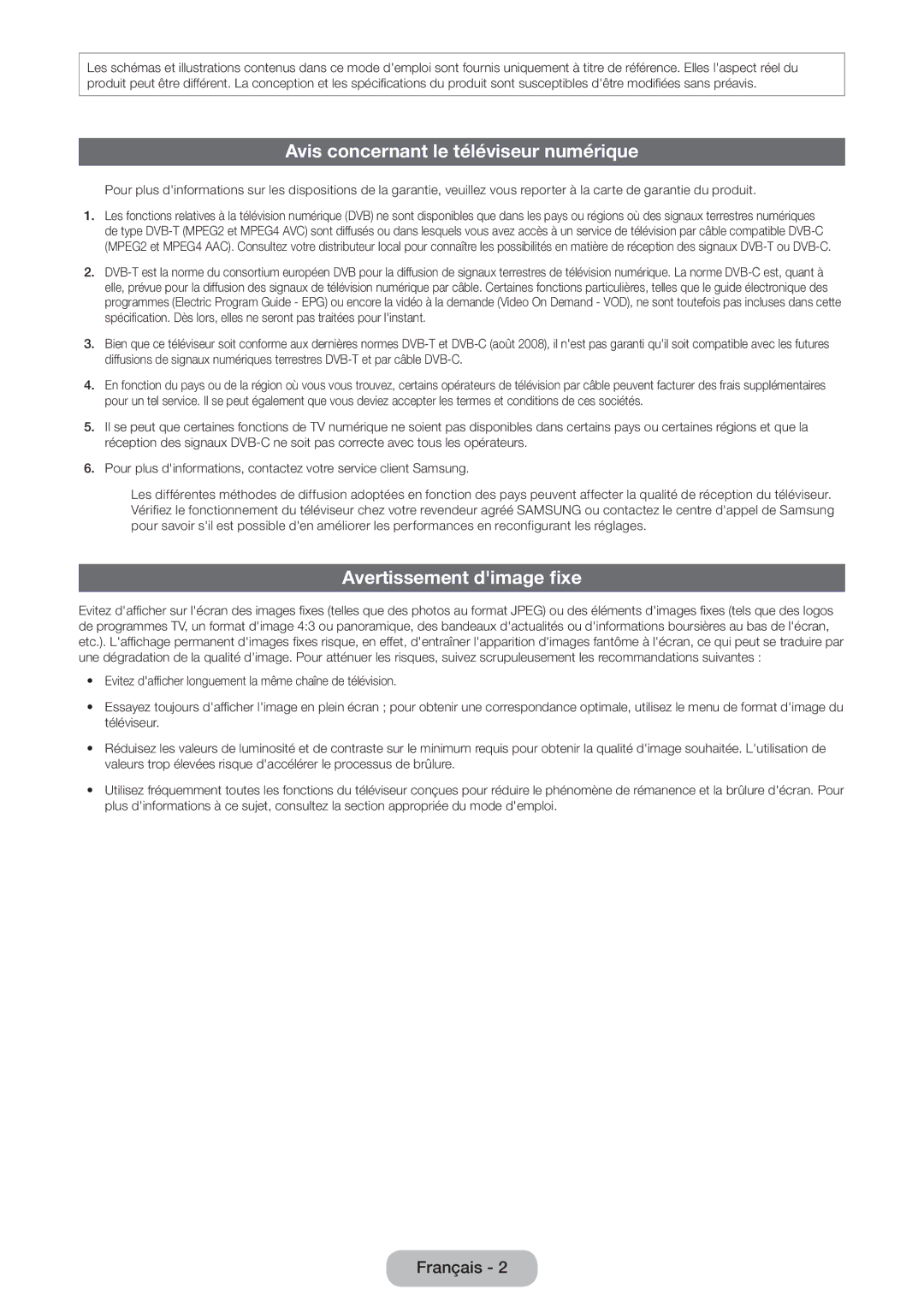 Samsung LT27B550EW/EN, LT23B550EW/EN manual Avis concernant le téléviseur numérique, Avertissement dimage fixe 