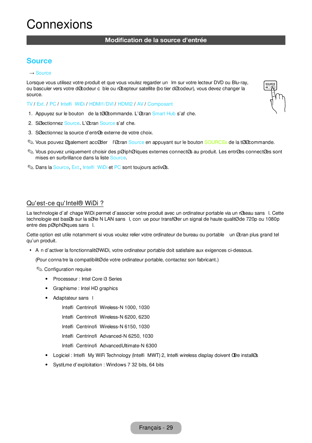 Samsung LT23B550EW/EN, LT27B550EW/EN manual Modification de la source dentrée, Quest-ce quIntel WiDi ?, → Source 