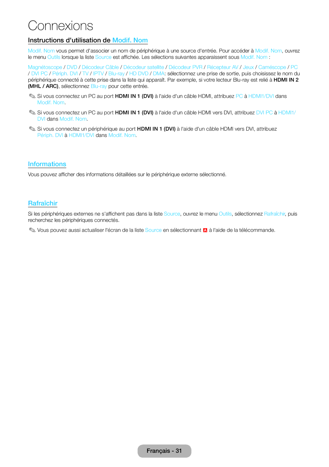 Samsung LT23B550EW/EN, LT27B550EW/EN manual Instructions dutilisation de Modif. Nom, Rafraîchir 