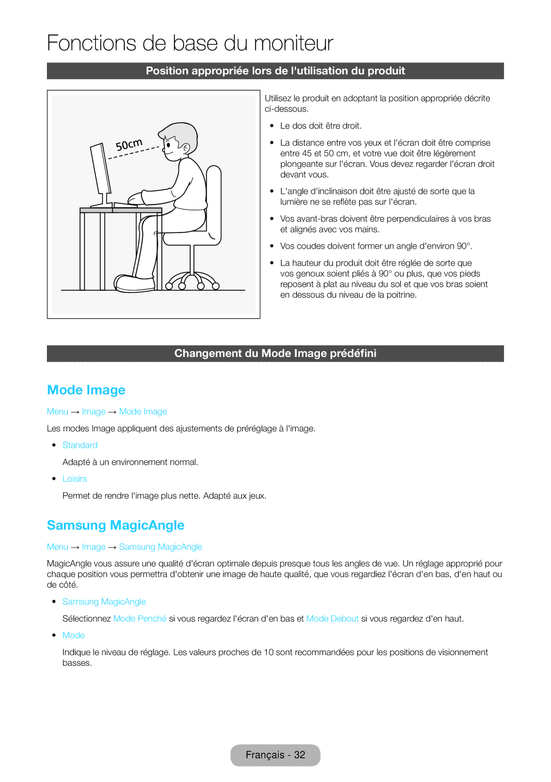 Samsung LT27B550EW/EN, LT23B550EW/EN Mode Image, Samsung MagicAngle, Position appropriée lors de lutilisation du produit 