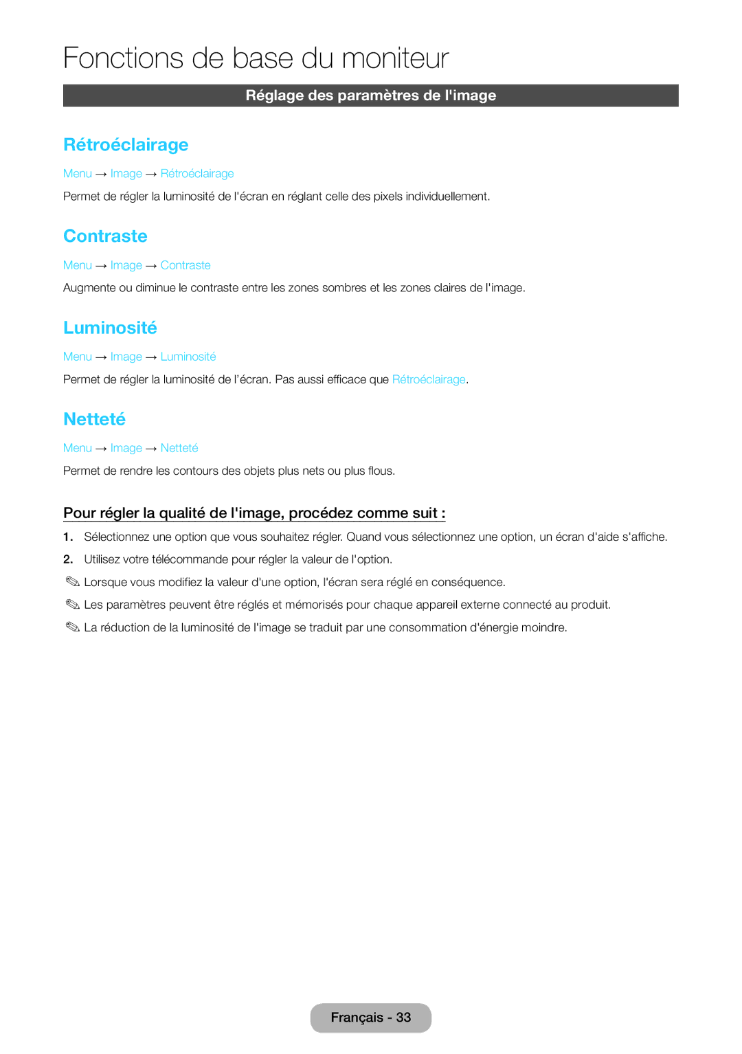 Samsung LT23B550EW/EN, LT27B550EW/EN manual Rétroéclairage, Contraste, Luminosité, Netteté, Réglage des paramètres de limage 