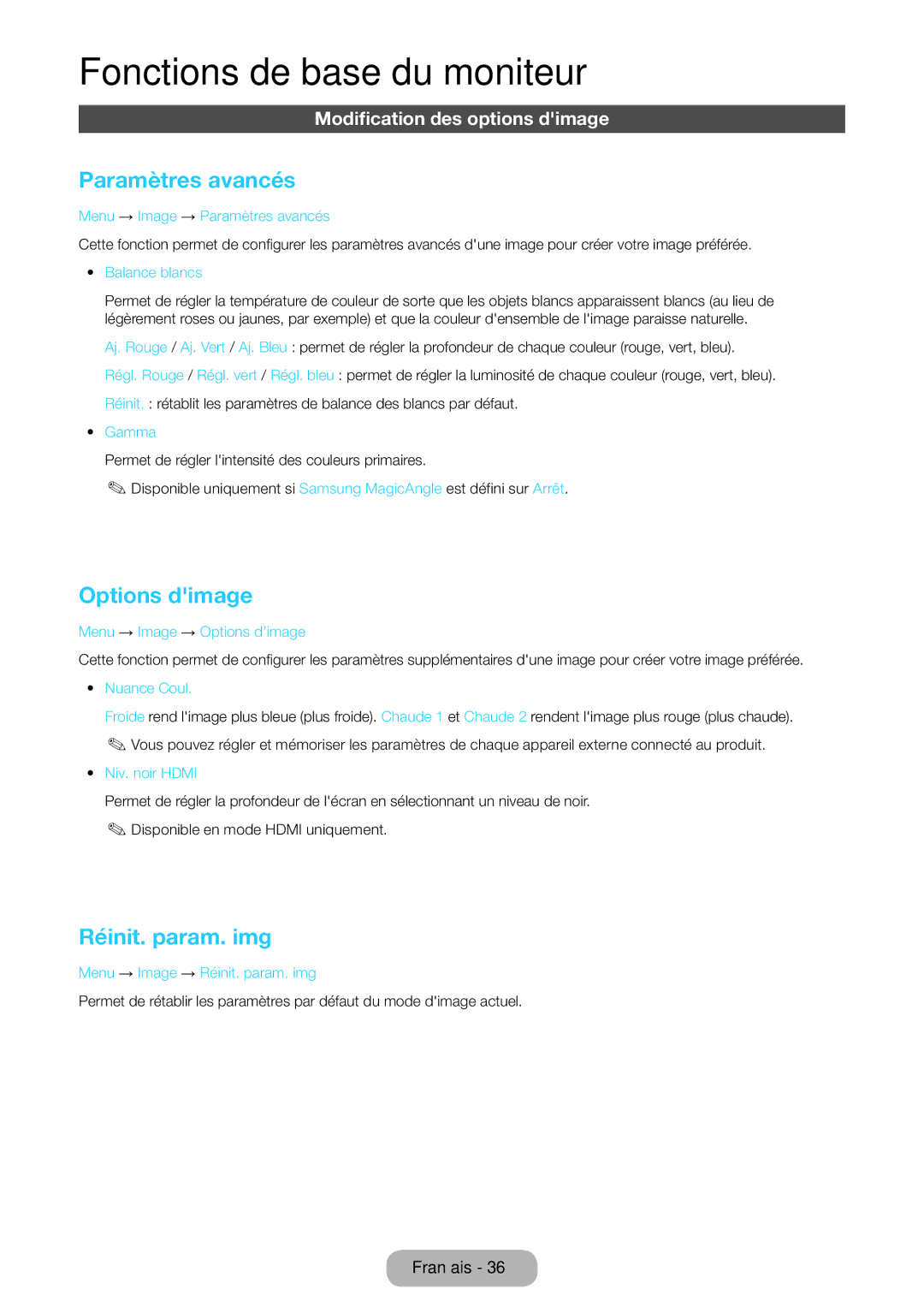 Samsung LT27B550EW/EN manual Paramètres avancés, Options dimage, Réinit. param. img, Modification des options dimage 