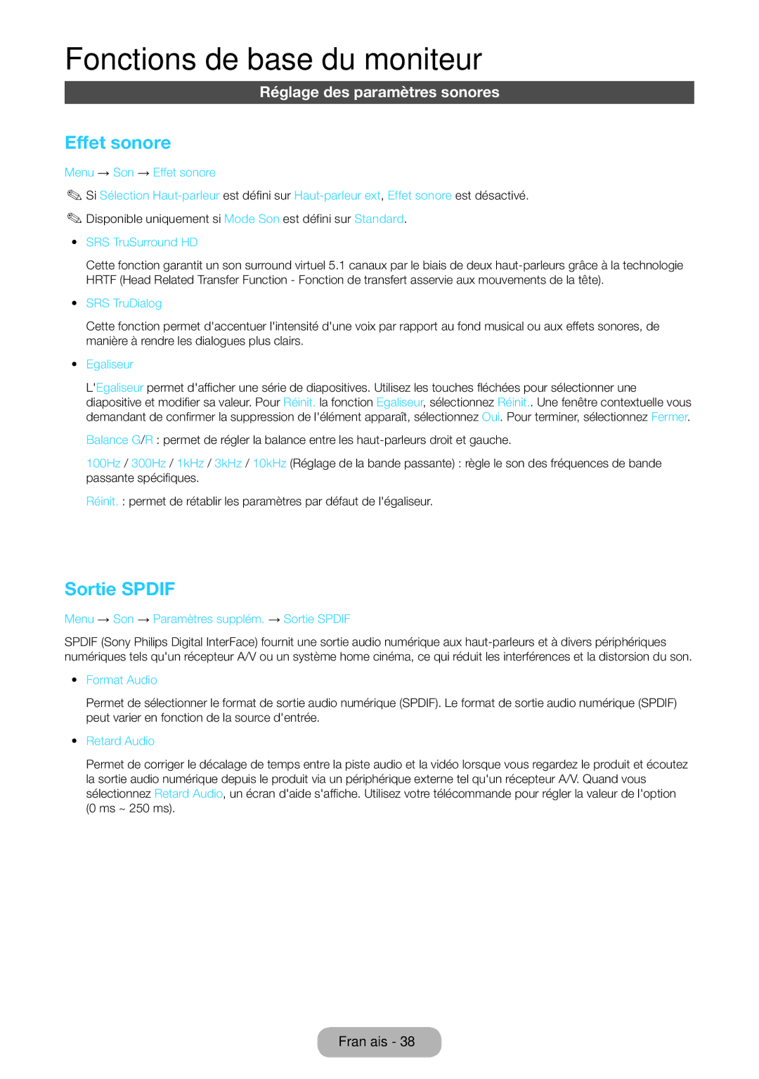 Samsung LT27B550EW/EN, LT23B550EW/EN manual Effet sonore, Sortie Spdif, Réglage des paramètres sonores 