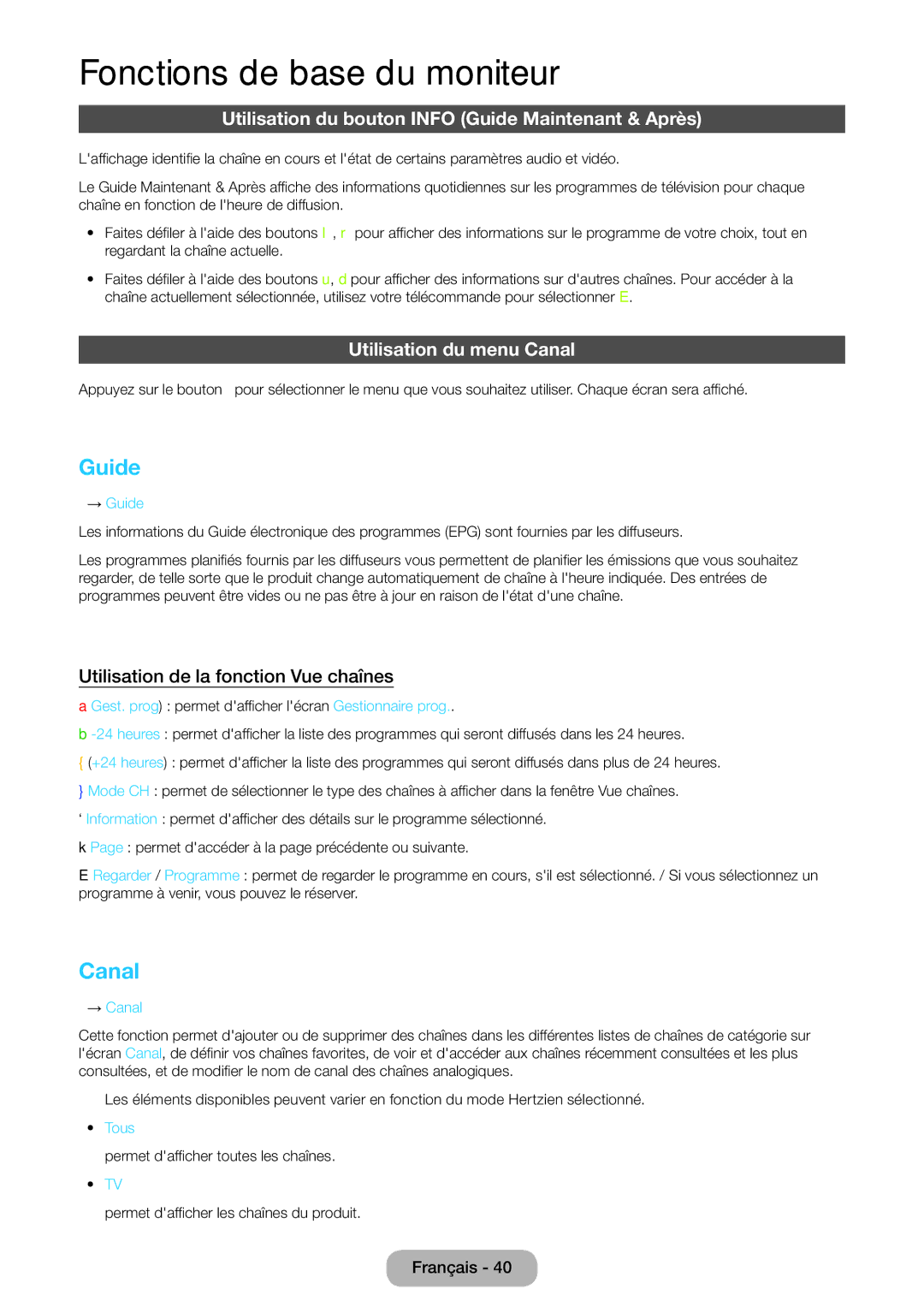 Samsung LT27B550EW/EN manual Utilisation du bouton Info Guide Maintenant & Après, Utilisation du menu Canal 