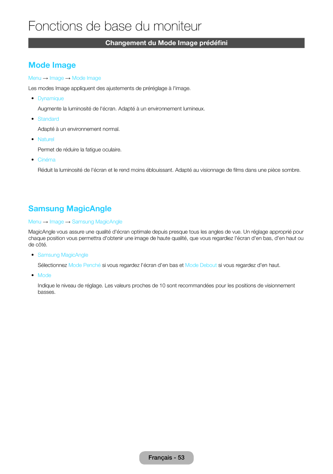 Samsung LT23B550EW/EN, LT27B550EW/EN manual Dynamique, Naturel, Permet de réduire la fatigue oculaire 