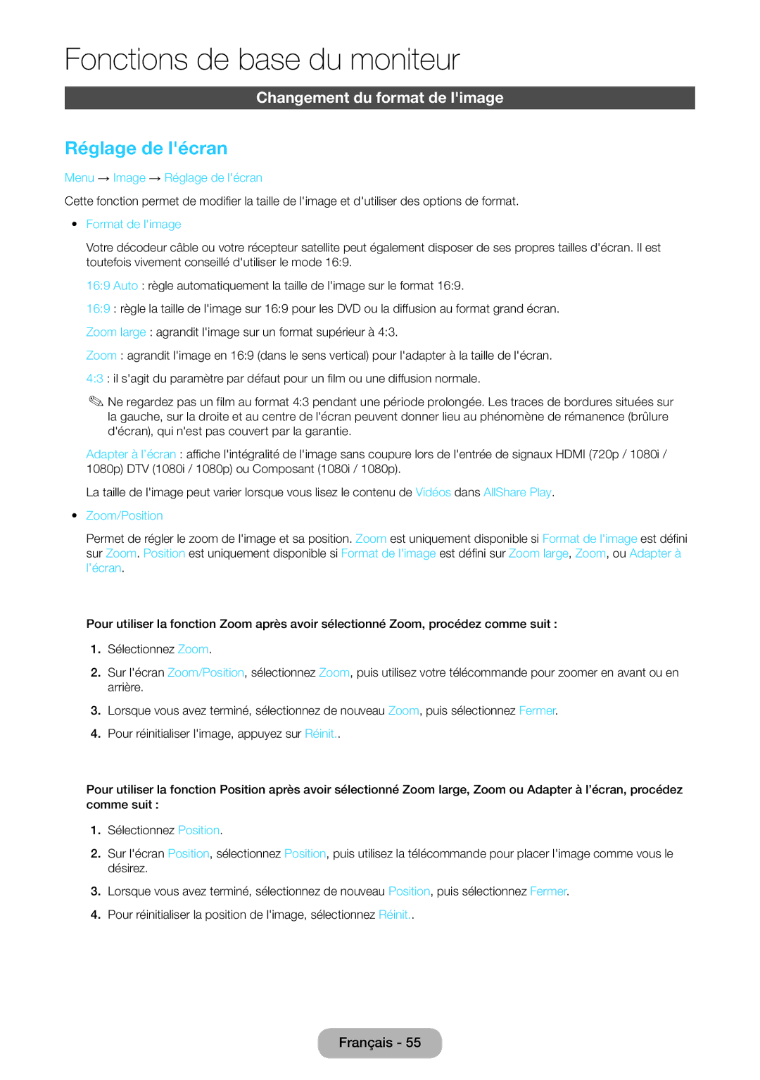 Samsung LT23B550EW/EN, LT27B550EW/EN manual Changement du format de limage , Zoom/Position 