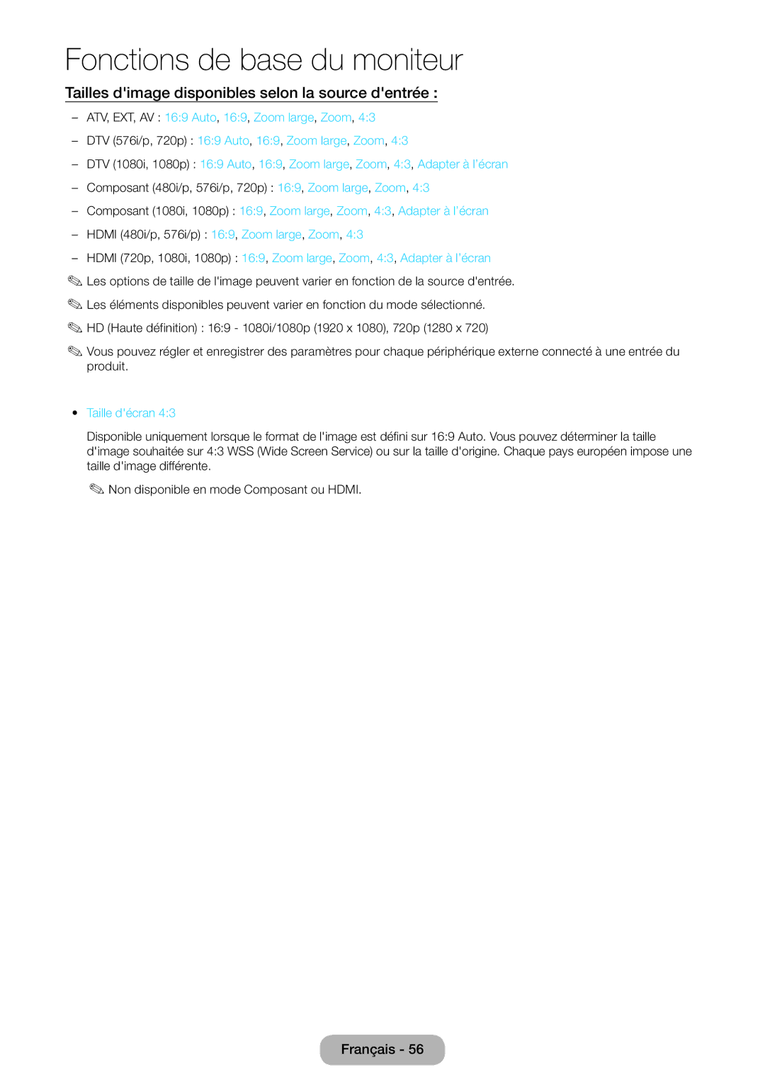 Samsung LT27B550EW/EN manual Tailles dimage disponibles selon la source dentrée, Hdmi 480i/p, 576i/p 169, Zoom large, Zoom 
