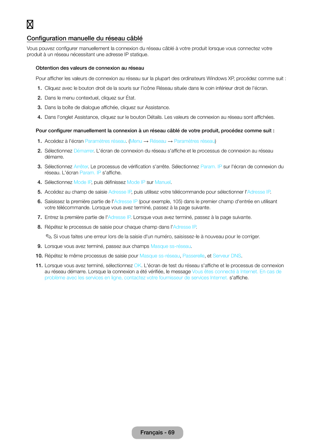 Samsung LT23B550EW/EN, LT27B550EW/EN manual Configuration manuelle du réseau câblé 