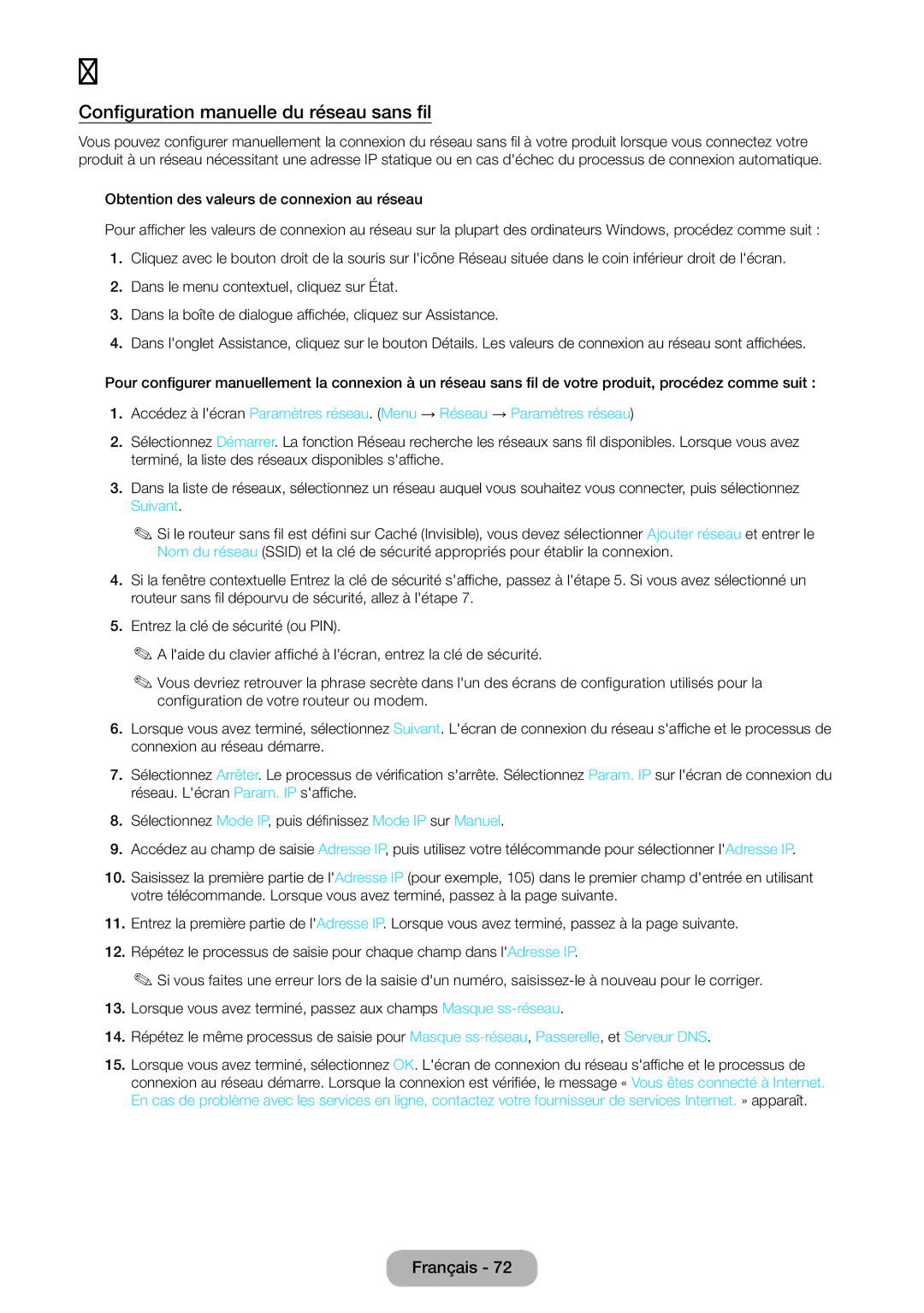 Samsung LT27B550EW/EN, LT23B550EW/EN manual Configuration manuelle du réseau sans fil 