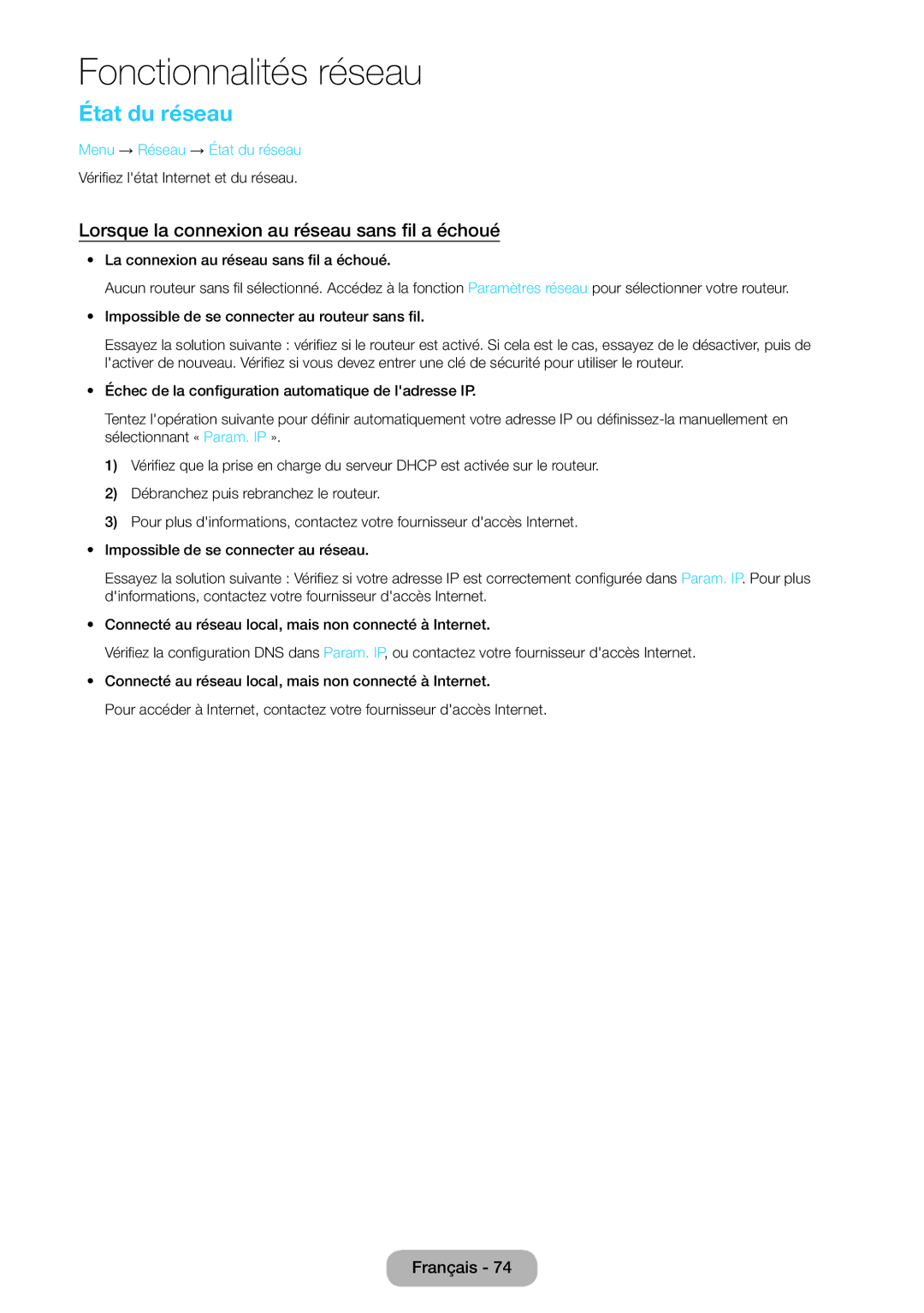 Samsung LT27B550EW/EN, LT23B550EW/EN manual État du réseau, Lorsque la connexion au réseau sans fil a échoué 