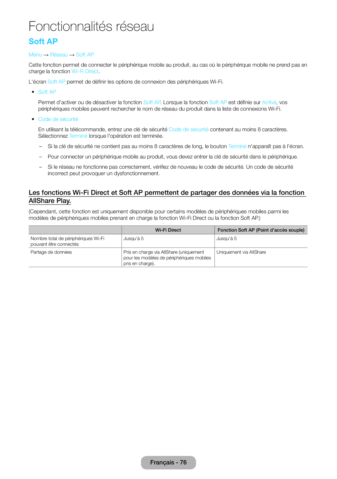 Samsung LT27B550EW/EN, LT23B550EW/EN manual Menu → Réseau → Soft AP, Code de sécurité 