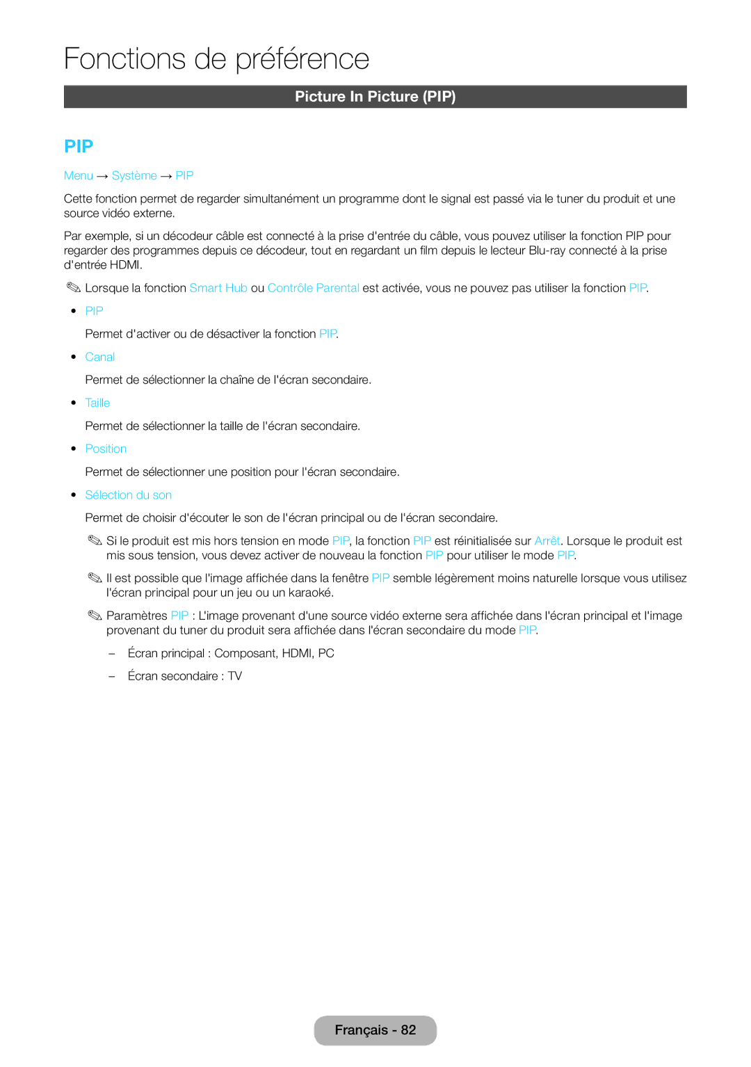 Samsung LT27B550EW/EN, LT23B550EW/EN manual Picture In Picture PIP, Menu → Système → PIP, Taille, Position, Sélection du son 