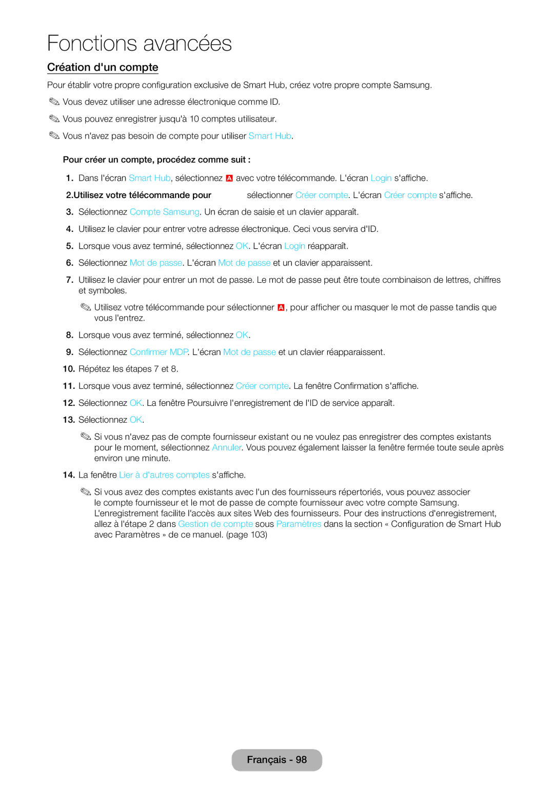 Samsung LT27B550EW/EN, LT23B550EW/EN manual Création dun compte, La fenêtre Lier à dautres comptes saffiche 