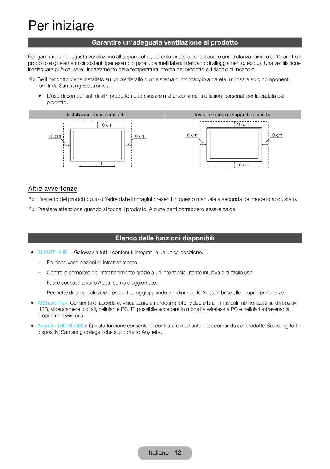 Samsung LT27B550EW/EN Garantire unadeguata ventilazione al prodotto, Altre avvertenze, Elenco delle funzioni disponibili 