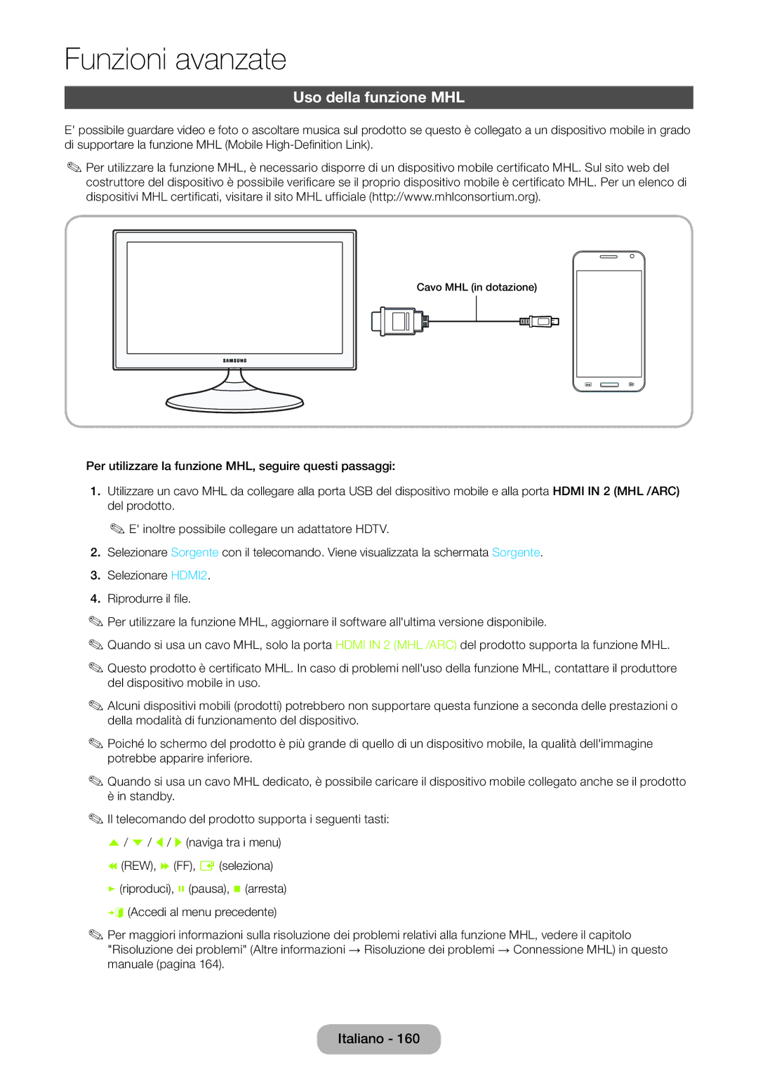 Samsung LT27B550EW/EN, LT23B550EW/EN manual Uso della funzione MHL 