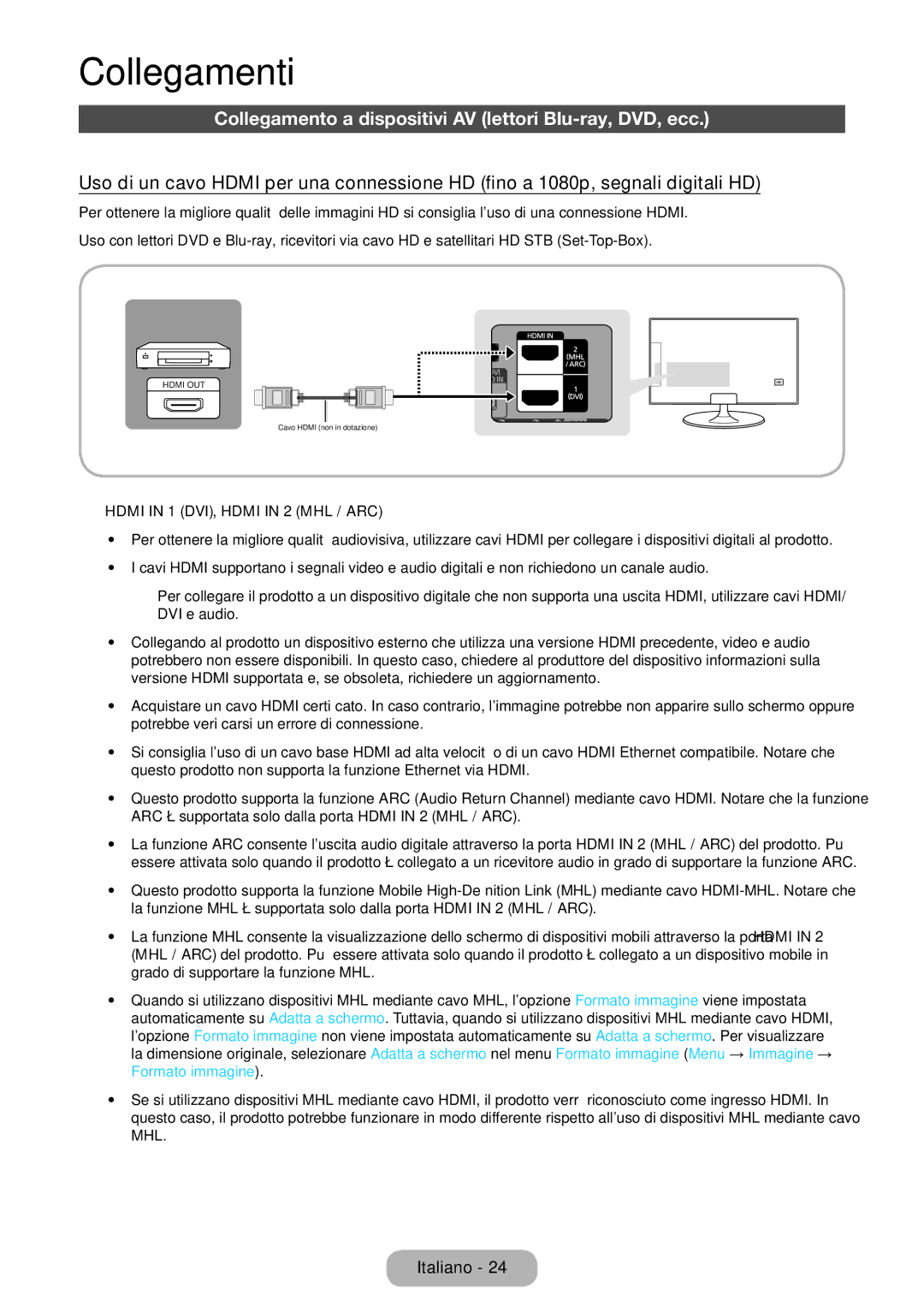 Samsung LT27B550EW/EN, LT23B550EW/EN manual Collegamenti, Collegamento a dispositivi AV lettori Blu-ray, DVD, ecc 