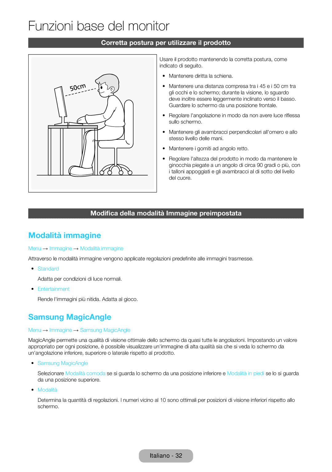 Samsung LT27B550EW/EN, LT23B550EW/EN Modalità immagine, Samsung MagicAngle, Corretta postura per utilizzare il prodotto 