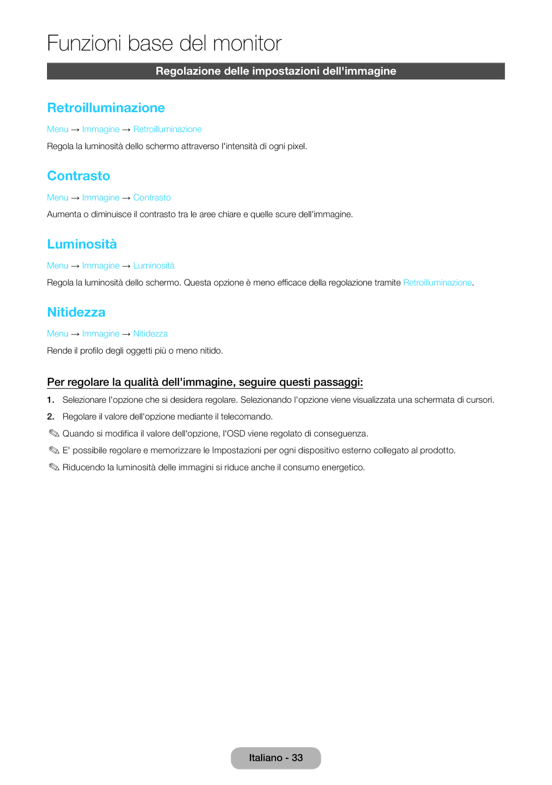 Samsung LT23B550EW/EN Retroilluminazione, Contrasto, Luminosità, Nitidezza, Regolazione delle impostazioni dellimmagine 